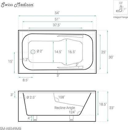 Voltaire 54" x 30" Left-Hand Drain Alcove Bathtub with Apron in Matte Black