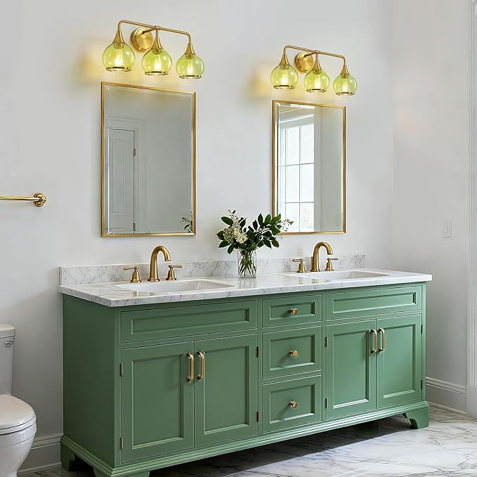 Brushed Gold Bathroom Vanity Light 3-Lights Bathroom Light Fixtures Over Mirror with Green Clear Glass Shade 22.4 inch Wall Sconce Lighting Bath(Exclude E26 Bulb)