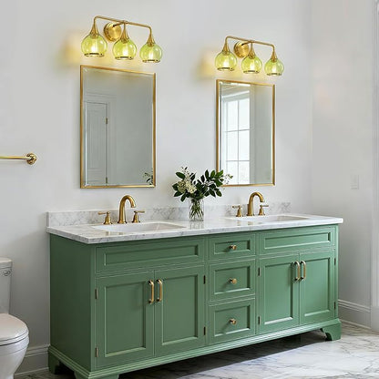 Brushed Gold Bathroom Vanity Light 3-Lights Bathroom Light Fixtures Over Mirror with Green Clear Glass Shade 22.4 inch Wall Sconce Lighting Bath(Exclude E26 Bulb)