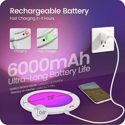 Motion Sensor Rechargeable Shower Light for Inside Shower with Remote, RGBW Battery Operated Ceiling Light, Wireless, Color-Changing Ambient Light, Warm-to-Cool Whites, Dimmable, Timer, Magnetic