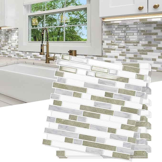 10 Sheets Thick Peel and Stick Kitchen Backsplash Tiles | 3D Waterproof Self Adhesive Wall Tile Stick on Backsplash for Kitchen,Bathroom and Fireplace(Beige&White,12"×12")