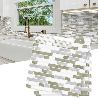 10 Sheets Thick Peel and Stick Kitchen Backsplash Tiles | 3D Waterproof Self Adhesive Wall Tile Stick on Backsplash for Kitchen,Bathroom and Fireplace(Beige&White,12"×12")