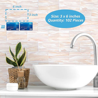 Art3d 102-Pack Peel and Stick Backsplash on Subway Tile, Yellow Jasper | 3 x 6 in, PVC, Self Adhesive, Waterproof, Traceless Peel, Modular Splicing, Ideal for Vanities, Bathrooms