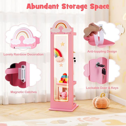 HONEY JOY Kids Jewelry Cabinet with LED Lights, Rainbow Standing Jewelry Armoire w/Full-Length Mirror & Makeup Mirror, Ring Slot, Lockable Princess Jewelry Organizer Storage for Toddler Girls(Pink)