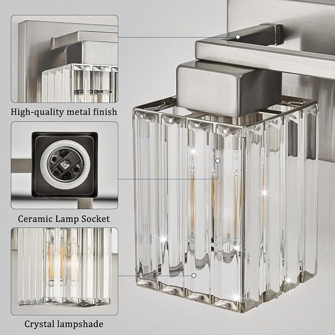 Brushed Nickel Bathroom Light Fixtures, 3-Light Vanity Light Over Mirror | Wall Sconces with Square Crystal Shades, E26 Socket, Modern Vanity Lights for Bathroom (Bulbs Not Included)