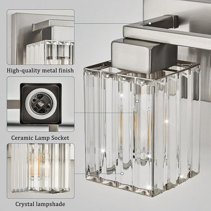Brushed Nickel Bathroom Light Fixtures, 4-Light Vanity Light Over Mirror | Wall Sconces with Square Crystal Shades, E26 Socket, Modern Vanity Lights for Bathroom (Bulbs Not Included)