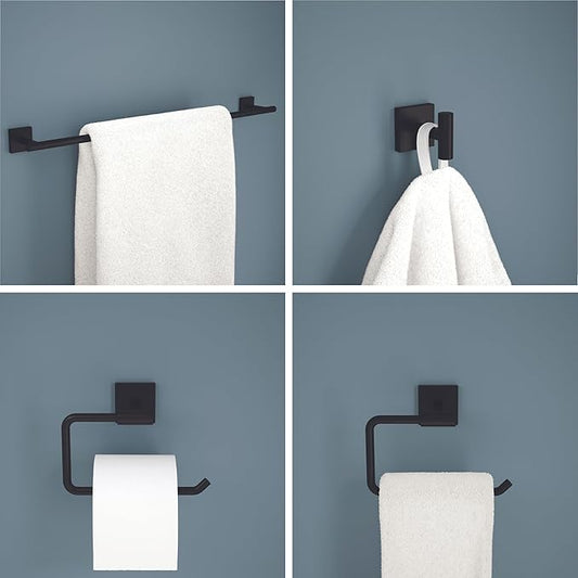Franklin Brass Nash 4-Piece Bathroom Set Matte Black 18" Towel Bar Rack w/ 6" Extender, Toilet Paper Holder, Hand Towel Holder, Hook | Bathroom Accessory Set Towel Holder Hardware NASH64-MB