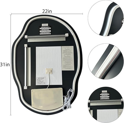 Asymmetrical Bathroom Mirror with Lights, Irregular LED Backlit Vanity Mirror, 31" H x 22" W, Anti-Fog, Dimmable Lighting with 3 Color Temp, Memory, Hardwired, Vertical or Horizontal Mount