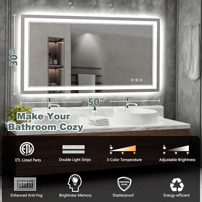 50x30 Inch LED Bathroom Mirror with Lights, 3 Colors Dimmable LED Vanity Mirror, Front and Back Lit, Anti-Fog, Memory Function, Shatterproof Tempered Glass, ETL Listed, Wall Mounted Makeup Mirror