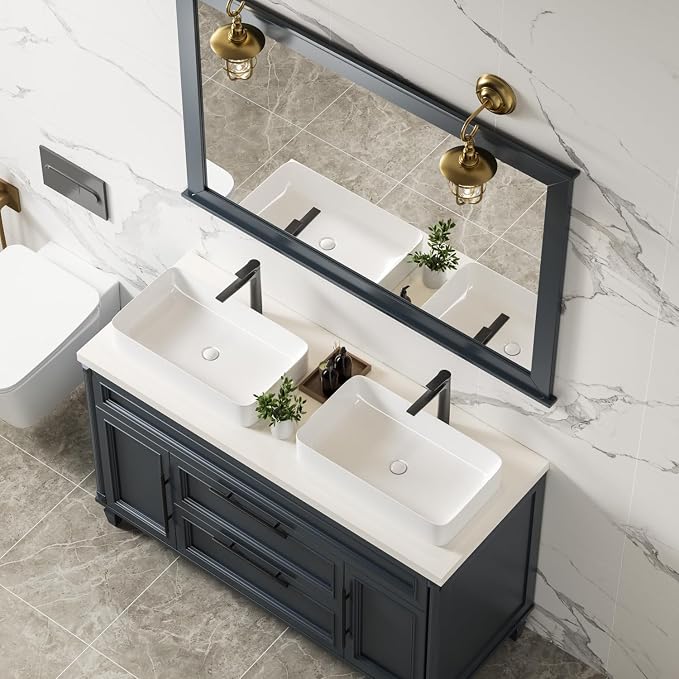 KINGWONG 24 Inch Rectangular Vessel Sink White Ceramic Above Counter Basin | Porcelain resists thermal shock & stains. Ultra-smooth glaze cleans in a wipe. Its 4.3" depth cuts water use and splash