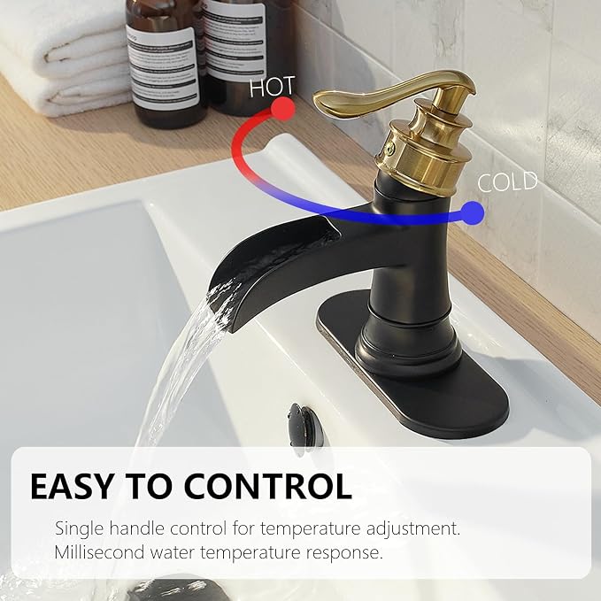 Bathroom Sink Faucet 3 Hole Double Handle Widespread Waterfall | Black and Gold,Solid Brass,8 Inch,Pop-up Drain,Control of Hot and Cold Water,Rust-Resistant,Corrosion Resistant, Long-Lasting