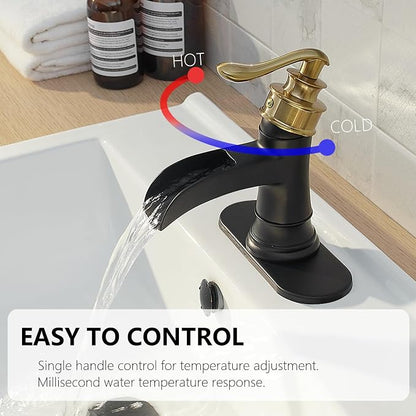 Bathroom Sink Faucet 3 Hole Double Handle Widespread Waterfall | Black and Gold,Solid Brass,8 Inch,Pop-up Drain,Control of Hot and Cold Water,Rust-Resistant,Corrosion Resistant, Long-Lasting