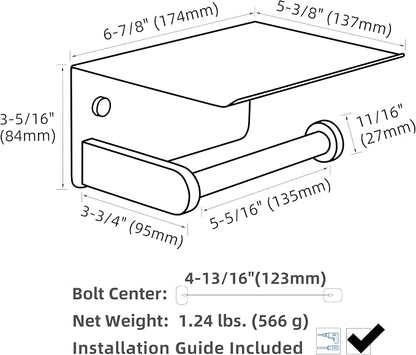 Toilet Paper Holder with Phone Shelf, Matte Black, Wall Mounted | 304 Stainless Steel, Rustproof Tissue Holder for Bathroom Restroom Powder Room, Paper Roll Dispenser, Large Phone Storage