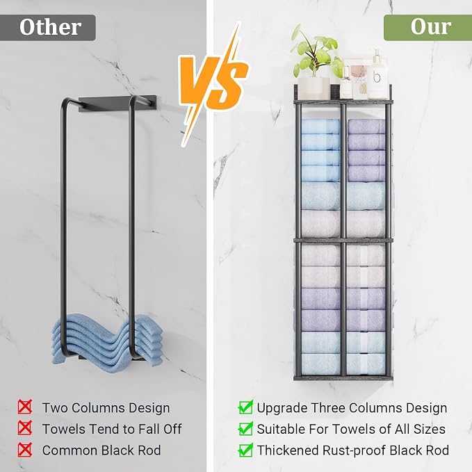 Large Capacity Three-layer Towel Racks for Bathroom Wall Mounted, Updated 3 Bar bath Towel Holder for Bathroom, Bath Towel Rack for Wall Mounted, Metal Small Bathrooms Towel Storage Rack, Black Walnut