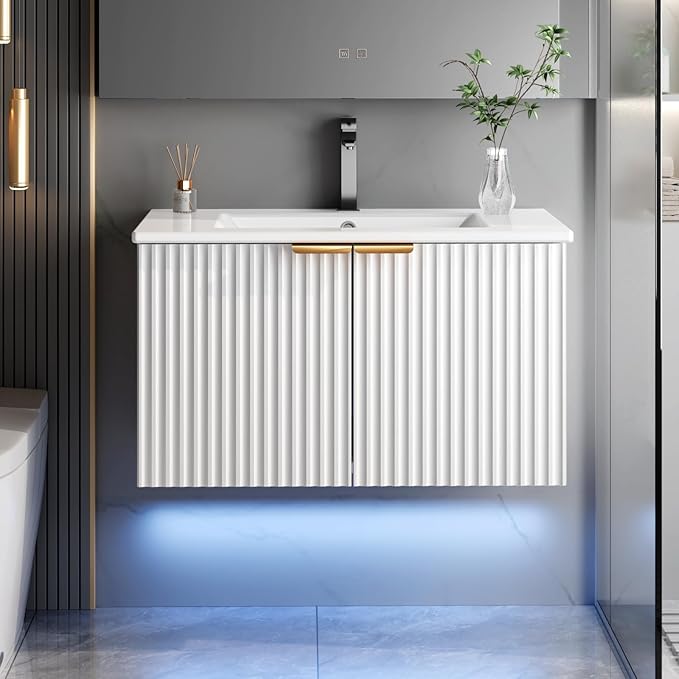 Bathroom Vanity with Sink, 30" Wall Mounted Floating Vanity Cabinet, Modern Bathroom Sinks with LED Light, Metal Handle & Double Soft-Close Doors, White