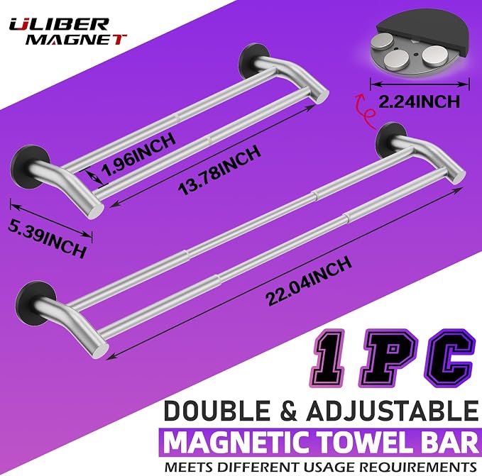 ULIBERMAGNET Magnetic Towel Bar, Extendable Double Towel Rack with Arched Arms, Magnetic Kitchen Towel Holder Rod Hook for Refrigerator, Laundry, Dishwasher, Oven, Stove (Silver)