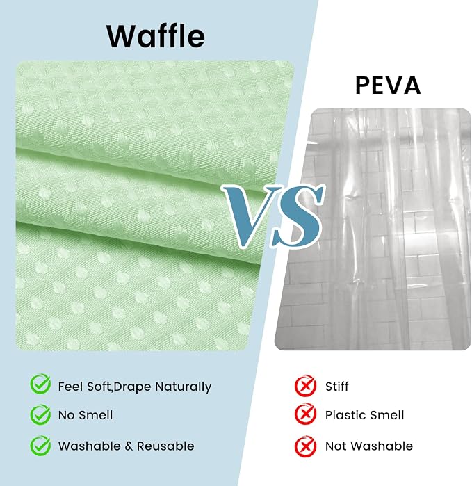 SORTTO No Hook Shower Curtain with Snap in Liner Set Waffle Shower Curtain for Bathroom Hotel Style Fabric Waterproof Inner Liner，71" W x 74" H, Green