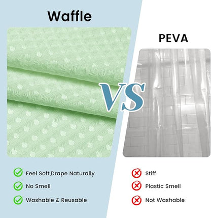 SORTTO No Hook Shower Curtain with Snap in Liner Set Waffle Shower Curtain for Bathroom Hotel Style Fabric Waterproof Inner Liner，71" W x 74" H, Green