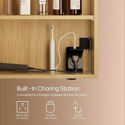 28x20 LED Lighted Bathroom Medicine Mirror Cabinet with Sockets & USBs, Dimmable Light and Color Adjustment, LED Bulbs, Easy to Install