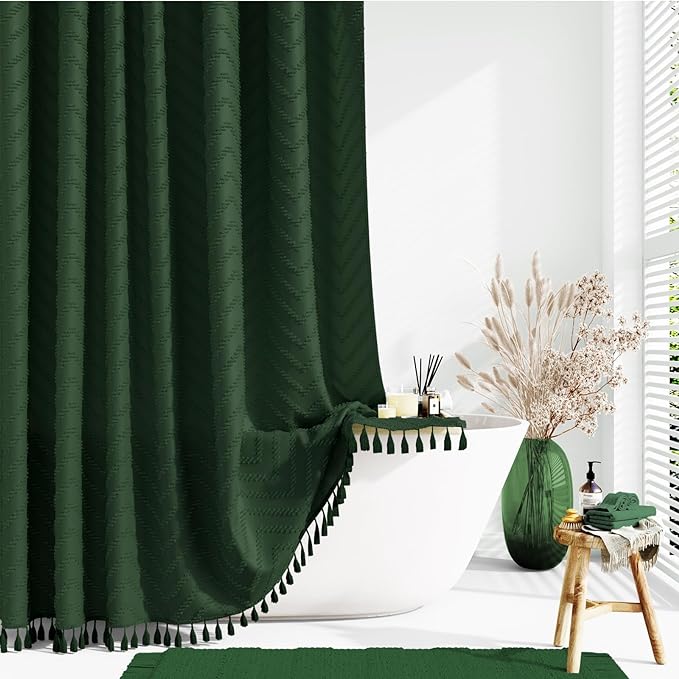 Stall Boho Shower Curtain Tufted Chevron 54"x78" Dark Green | 54 x 78 inch Long, Elegant Tassel, Lightweight Textured Fabric, Water Repellent, Washable, for Narrow Bathroom/Dorm 10 Hooks