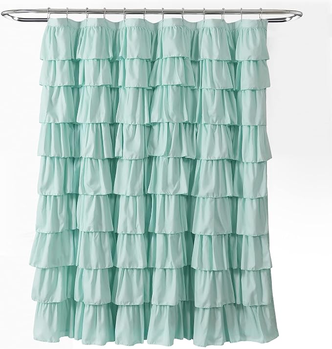 Lush Decor Ruffle Shower Curtain | Floral Textured Vintage Chic Farmhouse Style Design, Light Turquoise, 72" x 72"