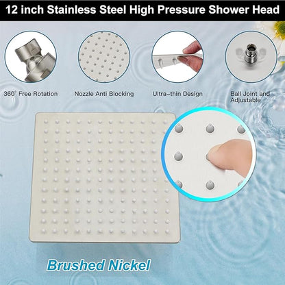 Midanya Shower Faucet Set,Wall Mount Shower System with Square Rain Shower Head and Hand Sprayer, Rough-in Valve Body and Trim Kit Included,12 Inch,Brushed Nickel