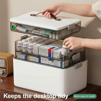 Spreezy 4-Tier Medicine Storage Box for First Aid, Craft, Art, Sewing | Portable Cabinet with Leather Handle, Lid & Clasp, Large Capacity Multifunctional Storage Box, for Home, Dorm/ Office