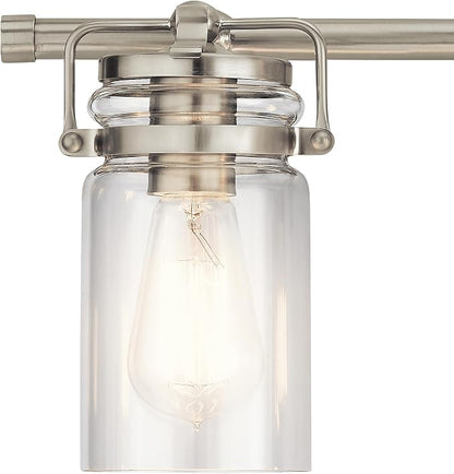 Kichler Brinley 4-Light Farmhouse Vanity Light, Brushed Nickel | Modern farmhouse vanity light with clear glass for bathroom mirrors (32.25" x 10"), 45690NI