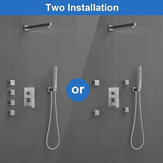 RUMOSE Rainfall Shower System with 4 Body Jets Wall Mounted 4 Mode Shower Faucet Set with 12 Inch Rain Shower Head and 2 in 1 Handheld Spray, Brushed Nickel Brass Shower Fixtures, Rough-in Valve
