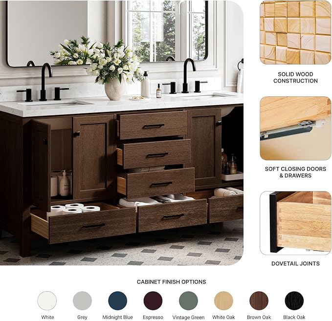 ARIEL Cambridge 72-inch Bathroom Vanity Base Cabinet,Solid Wood, 4 Soft Closing Doors, 6 Dovetail Drawers, Brown Oak