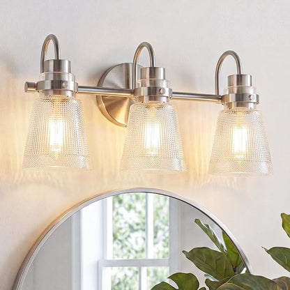 Brushed Nickel Bathroom Light Fixtures, 18.8 Inch Modern Vintage Vanity Lights with Clear Striped Glass Shade, 3-Light Bathroom Wall Sconce Over Mirror for Entryway Bedroom