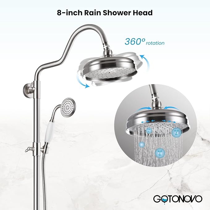 gotonovo Exposed Bathroom Shower System Two Cross Handle Brushed Nickel | Vintage Brass Tub Shower Faucet Set,8’’ Rain Head with Handheld Spray,Swivel Tub Spout,6’’ Hole Distance,Adjustable Height