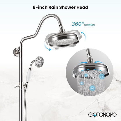 gotonovo Exposed Bathroom Shower System Two Cross Handle Brushed Nickel | Vintage Brass Tub Shower Faucet Set,8’’ Rain Head with Handheld Spray,Swivel Tub Spout,6’’ Hole Distance,Adjustable Height