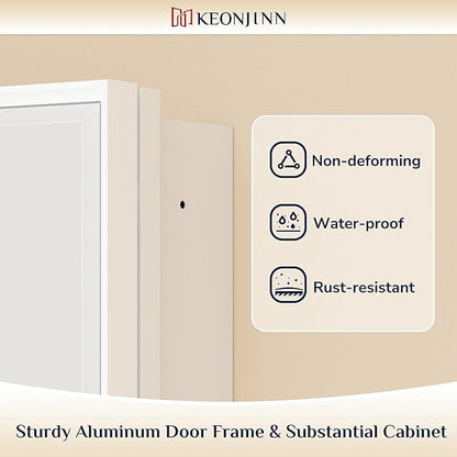 Keonjinn 16" x 24" White Medicine Cabinets for Bathroom with Mirror, Recessed or Surface Wall-Mounted Aluminum Alloy Framed Beveled Mirror, Single Door Farmhouse Bathroom Mirror with Storage Cabinet