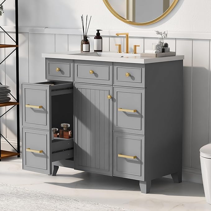 LUMISOL 36" Bathroom Vanity with Sink Top, Modern Bathroom Vanities with 3 Drawers & Cabinet, Solid Wood Bathroom Cabinet with Undermount Basin Sink, Grey