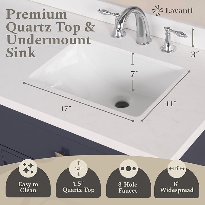 Lavanti Oakford 72 Inch Bathroom Vanity with Sink – Stylish Navy Blue Vanity Bathroom with Storage Cabinet – Modern Bathroom Vanities with Double Vanity Sink & Quartz Countertop