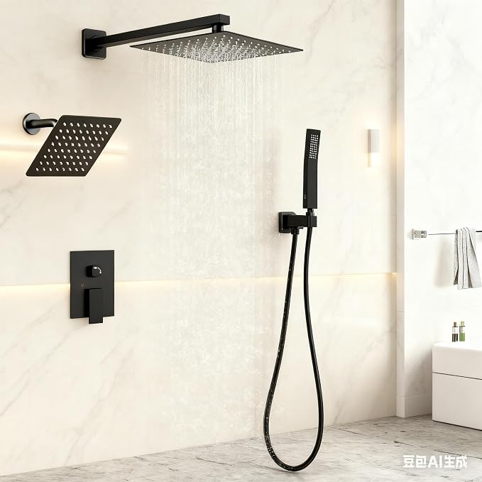 10 Inch Shower Head Set With Valve, Shower Faucet Set With Tub Spout, Rain Shower System, Black Shower Head And Handle Set, Ceiling Mount Shower Trim System
