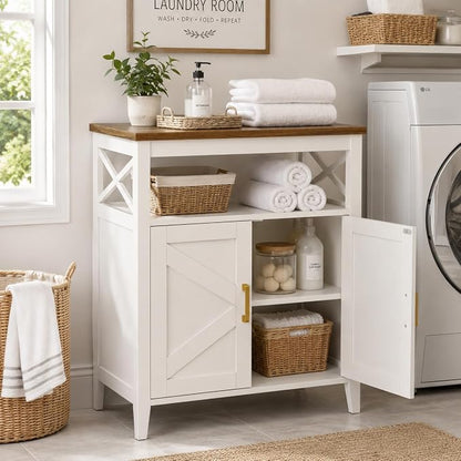 Bathroom Storage Cabinet with Doors, Adjustable Shelf, Wood Top | Adjustable Shelf