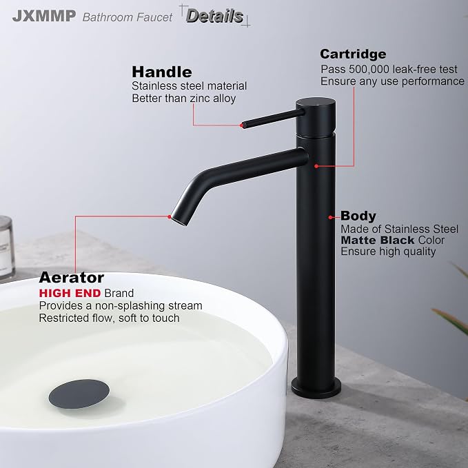 Black Vessel Sink Faucet with Drain Assembly and cUPC Supply Lines, JXMMP Stainless Steel Matte Black Faucets for Bathroom Sink, Tall Bathroom Faucet JXM1001BK