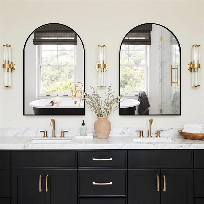 FGU Arched Bathroom Mirror for Over Sink 36"x24" Black Vanity Mirror | Wall Mounted, HD Tempered Shatter-Proof Glass, Rust-proof Arched Metal Frame, Arch Mirror for Bedroom, Living Room, Entryway