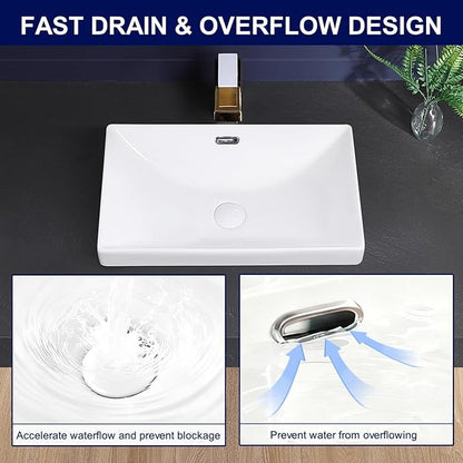 Semi Recessed Bathroom Sink 21"x13" Vessel Sink Drop-in White Porcelain Ceramic Modern Rectangular Sinks Basin Vanity Sinks with Overflow for Bathrooms