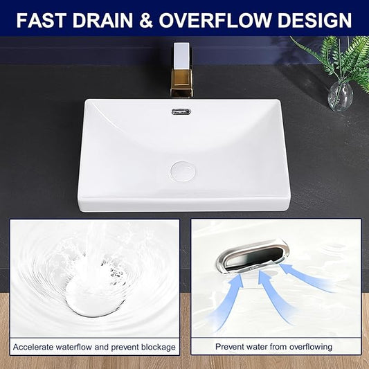 Semi Recessed Bathroom Sink 21"x13" Vessel Sink Drop-in White Porcelain Ceramic Modern Rectangular Sinks Basin Vanity Sinks with Overflow for Bathrooms