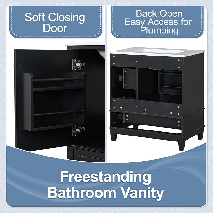 Bathroom Vanity with Ceramic Sink 30 Inch, Cabinet with One Door and Three Drawers, Soft-Closing Door, Solid Wood Legs, Black