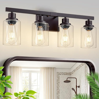 Oil Rubbed Bronze Vanity Lights for Bathroom,4-Light 24" | Bathroom Light Fixtures,Modern Bronze Bathroom Lighting over Mirror,Clear Glass Shades,over Sink