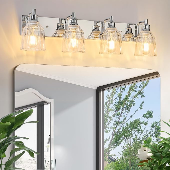 4 Light Bathroom Light Fixtures Modern Chrome Vanity Lights for Bathroom Lighting Fixtures Over Mirror with Thickened Glass Shade for Cabinet Mirror Bedroom Hallway