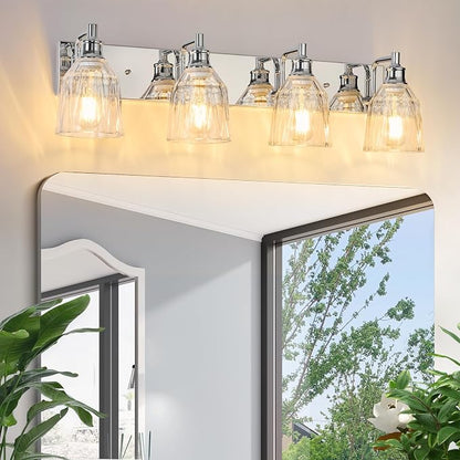 4 Light Bathroom Light Fixtures Modern Chrome Vanity Lights for Bathroom Lighting Fixtures Over Mirror with Thickened Glass Shade for Cabinet Mirror Bedroom Hallway