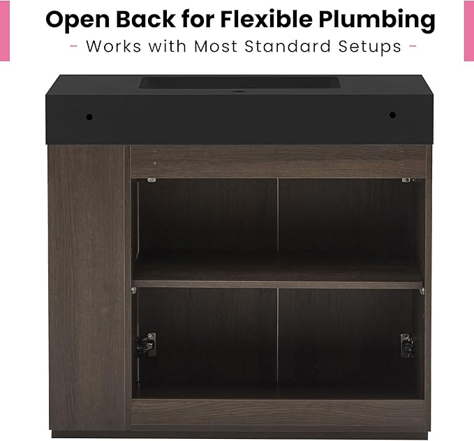 36" Bathroom Vanity with Sink Combo, Mid Century Modern Bathroom Cabinet with Doors & Open Shelf, Matte Black Integrated Sink with Overflow, Dark Grey Oak