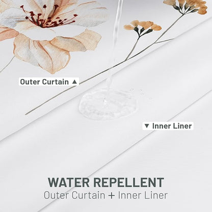 No Hook Floral Shower Curtain with Liner, Coral, 71x74 | Snap in Liner, 3 in 1, Water Repellent, Easy Install, Machine Washable, Hotel Style for Bathroom, Watercolor Pattern