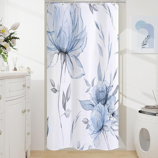 Blue Boho Floral Shower Curtain, Watercolor Botanical Design, 36 x 72 | Boho Floral Design, Watercolor Ink Painting Style, Botanical Flowers & Leaves, Elegant Bathroom Accent, Fabric Cloth Curtain