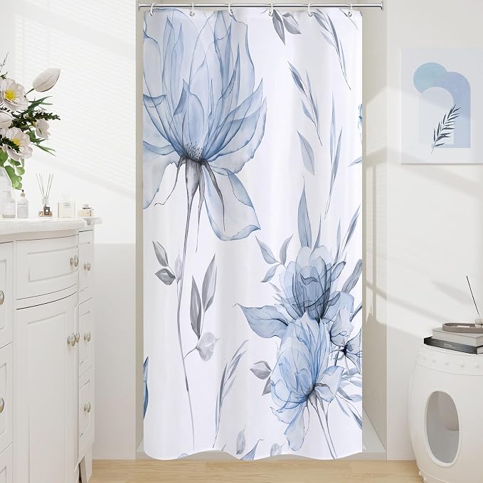Litabel Blue and Grey Boho Watercolor Floral Shower Curtain, Ink Painting Style Blossom & Leaf Shower Curtains for Chic Elegant Bathroom, Artistic Fabric Cloth Flower Shower Curtain, 48 x 72